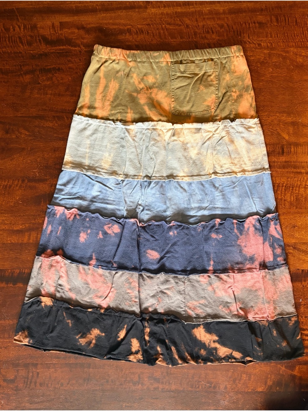 Handmade Upcycled Bleach Tie-Dye Blue Green Tiered Maxi Skirt Women's Size Large